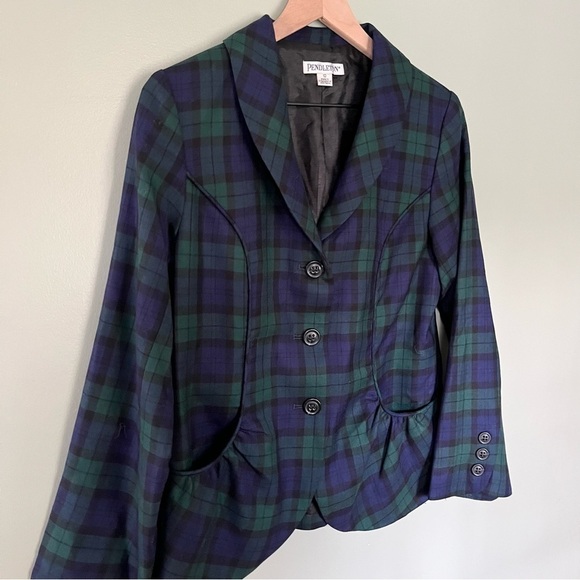 Pendleton Virgin Wool Women’s 3 Button Closure Plaid Blazer Jacket Blue Green 10 - Picture 3 of 10